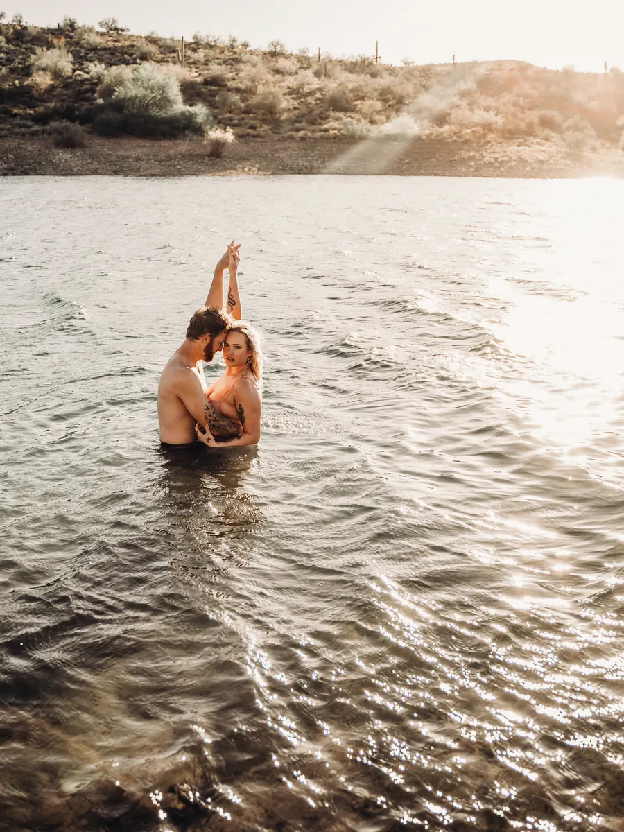 Golden-hour view of a desert river during a couples session